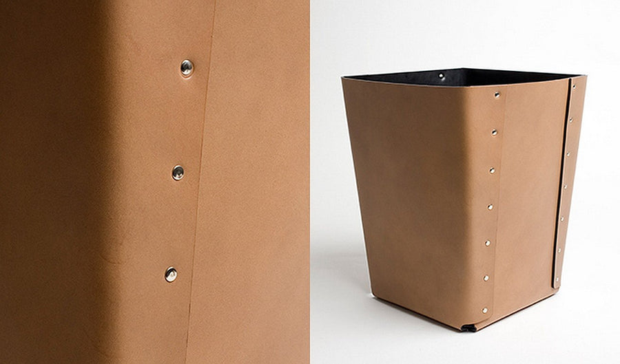 CARLO Riveted Leather Wastepaper Bin by Claude Bouchard for Oscar Maschera - DUPLEX DESIGN