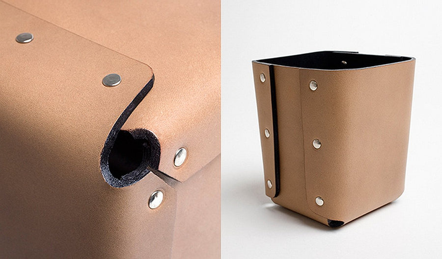 CARLO Riveted Leather Wastepaper Bin by Claude Bouchard for Oscar Maschera - DUPLEX DESIGN