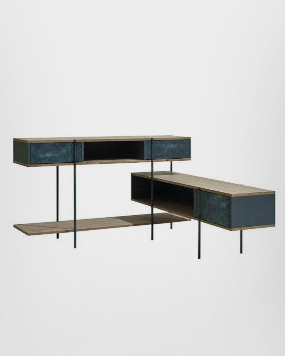 CONSOLE IN ETCHED BRASS WITH PIVOTING DOORS AND STONE ELM SHELVES